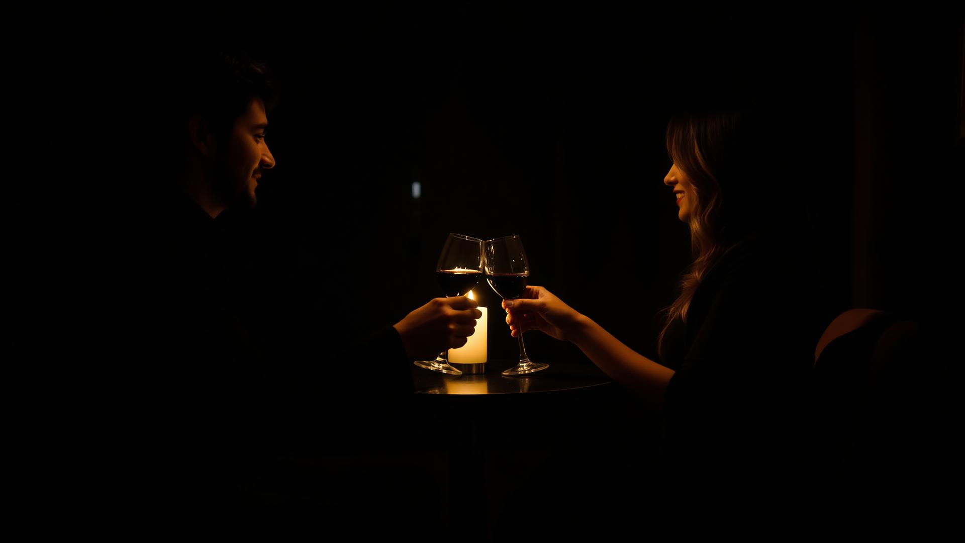 Pareja brindando con vino durante una cena romántica en Chamberí