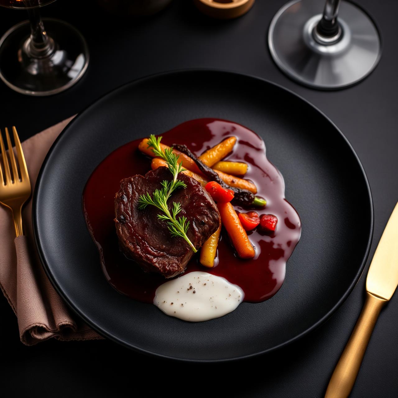 Plato francés refinado: ternera con salsa de vino tinto y verduras de temporada