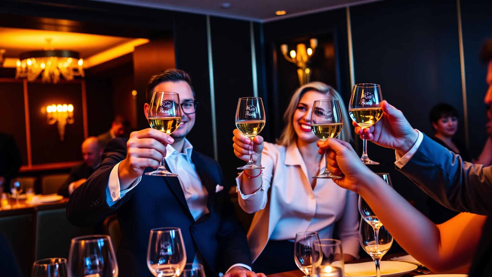 Networking durante una cena de empresa, profesionales levantando sus copas