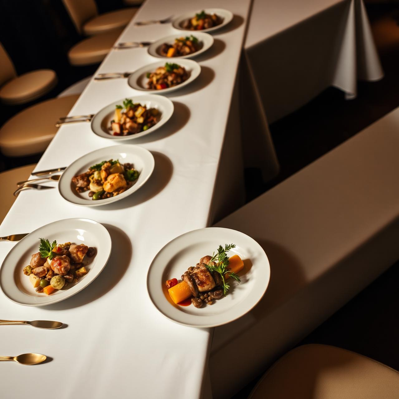 Platos individuales gourmet alineados sobre una larga mesa de conferencias
