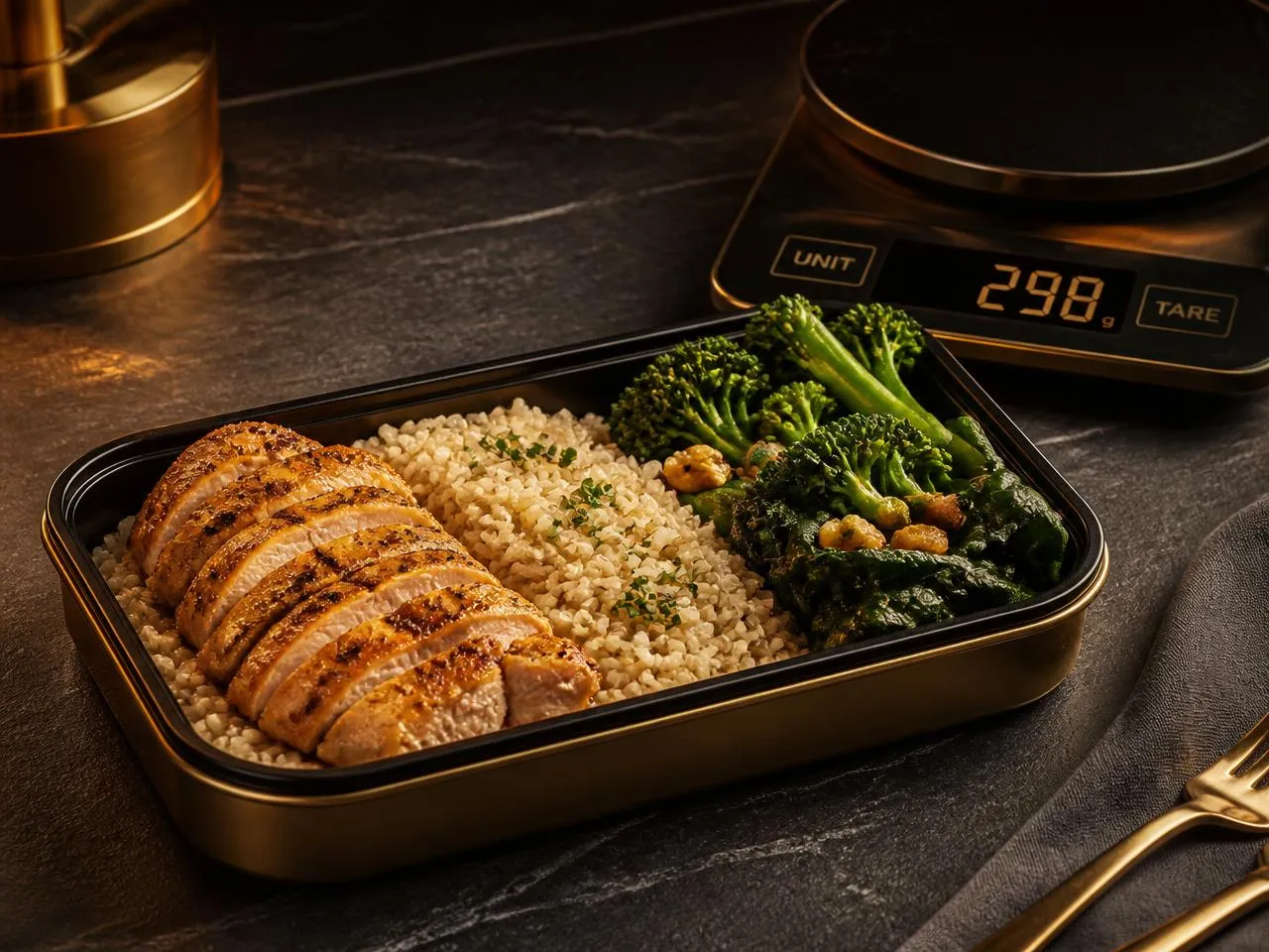 Ración individual de meal prep con salmón, arroz integral y judías verdes, etiquetada con las macros del plato