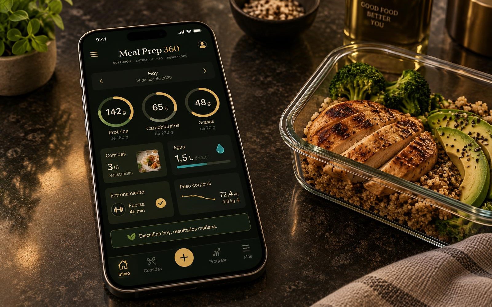 App Meal Prep 360 para el seguimiento de comidas, entrenamientos y peso