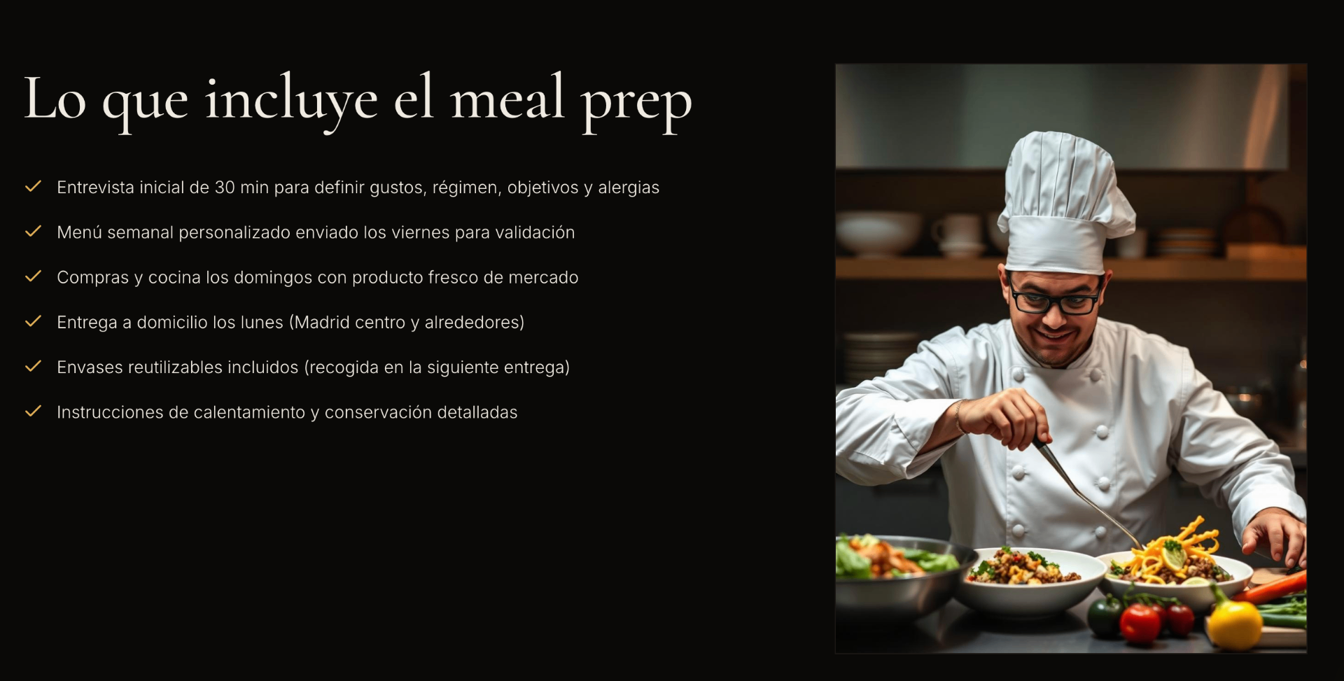 Chef Thierry Gustin emplatando platos personalizados de meal prep semanal en su cocina