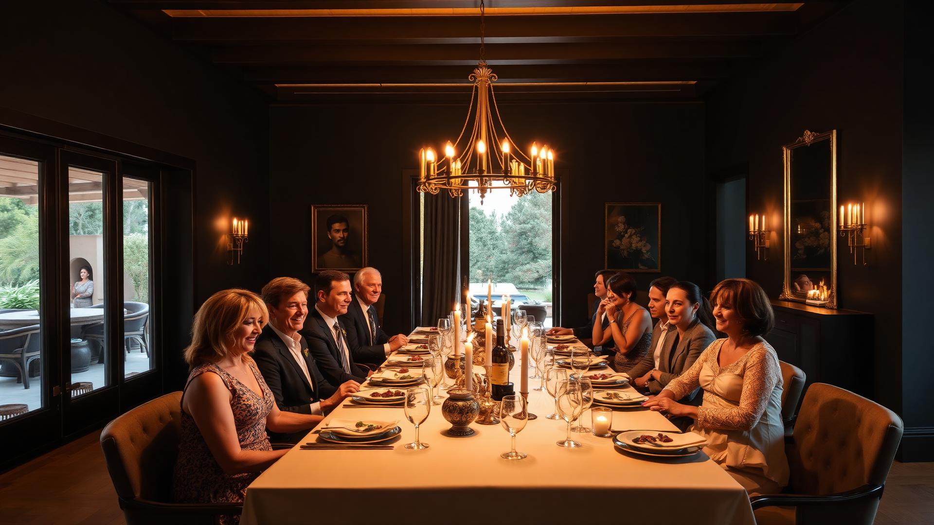 Familia y amigos elegantes cenando en un chalet de La Moraleja