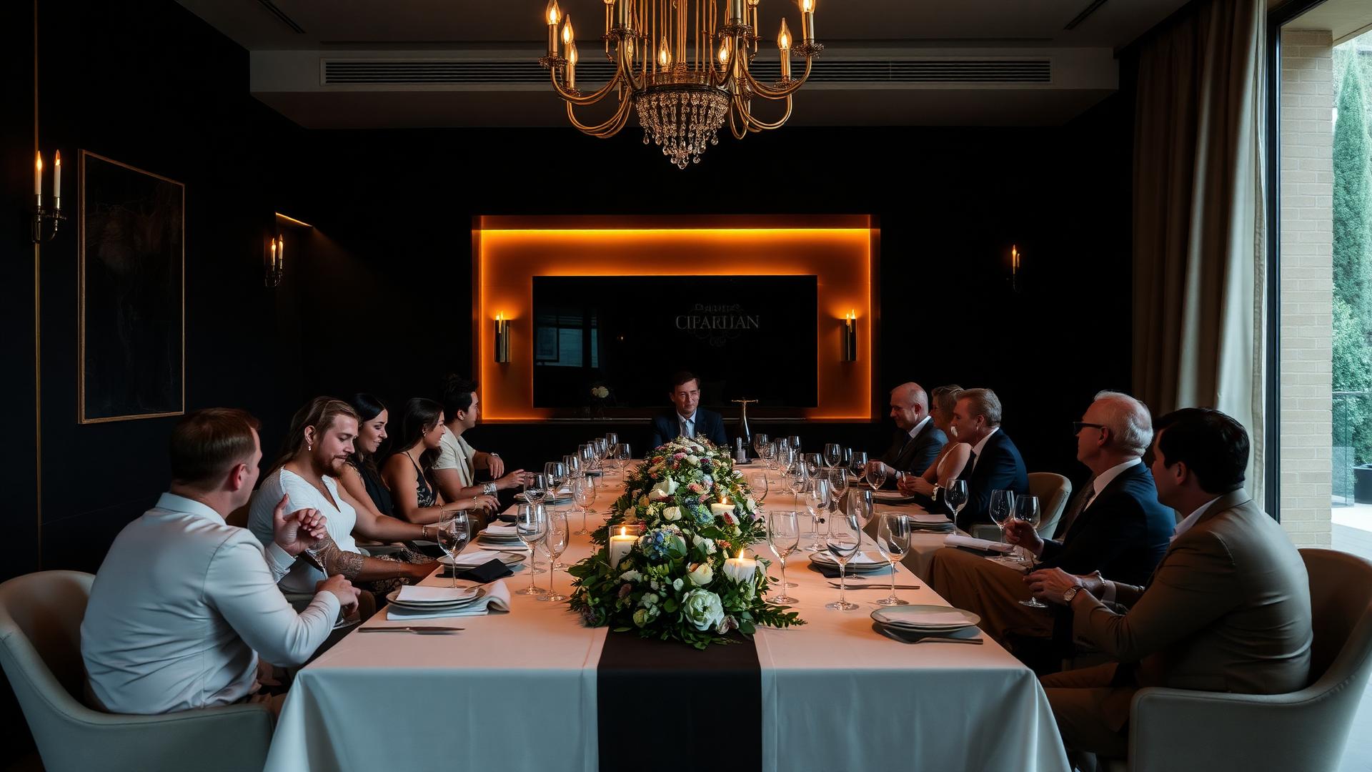 Comensales elegantes en la mesa de un chalet residencial de Pozuelo