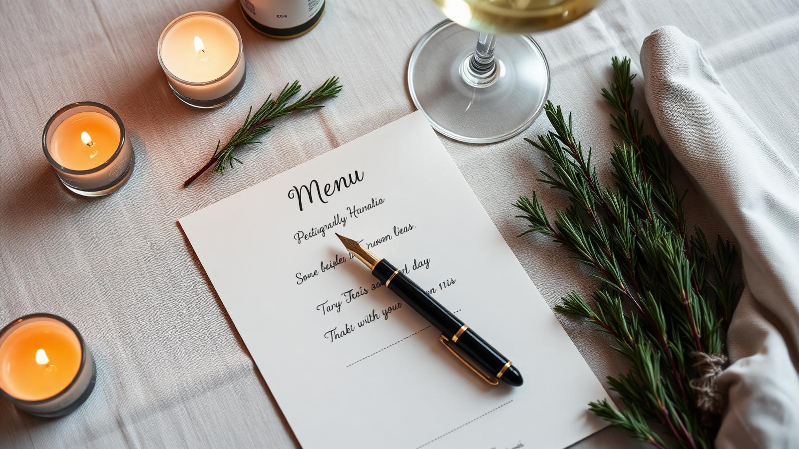 Carta de menú manuscrita con pluma estilográfica, copa de vino y velas para una cena privada