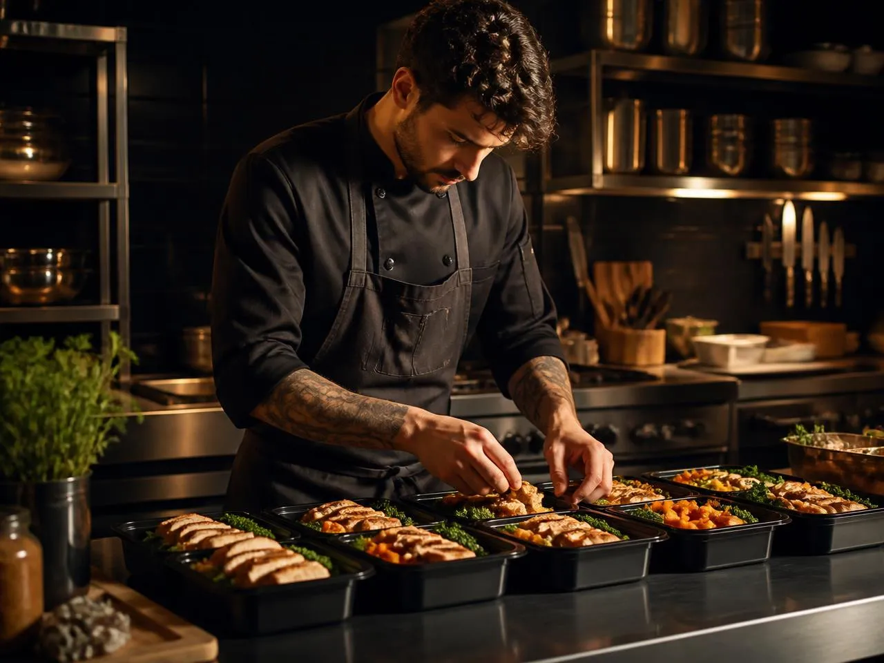 Chef privado emplatando las raciones de meal prep de la semana en contenedores reutilizables en su cocina de Madrid