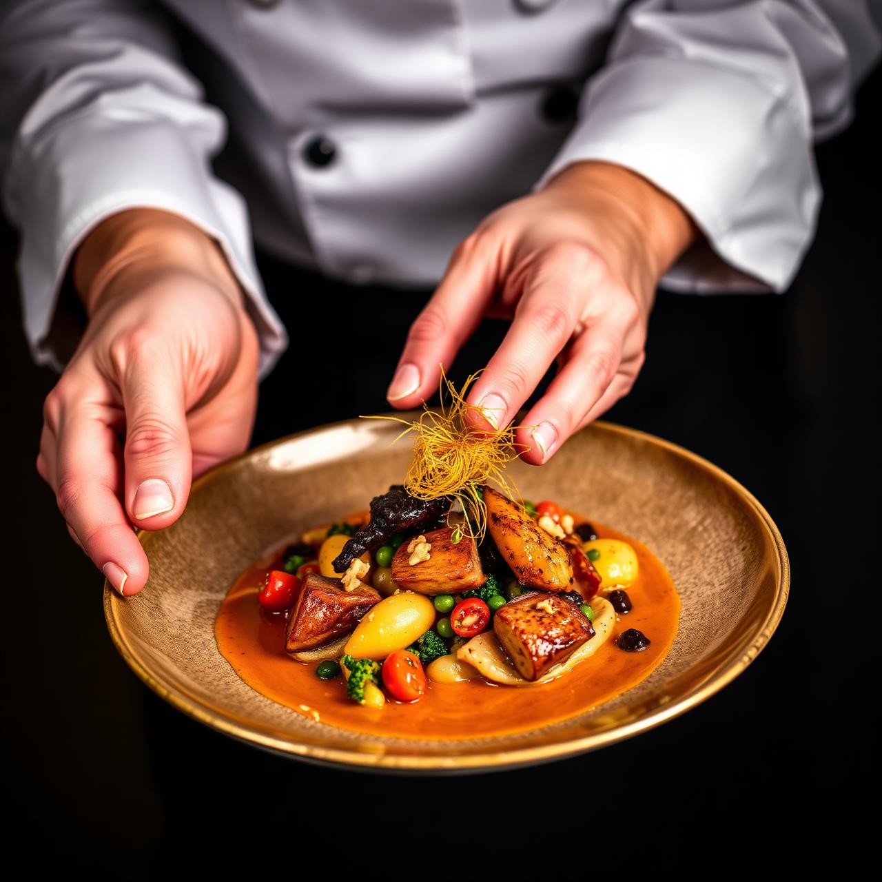 Chef Thierry Gustin emplatando un plato de alta cocina francesa durante una cena privada