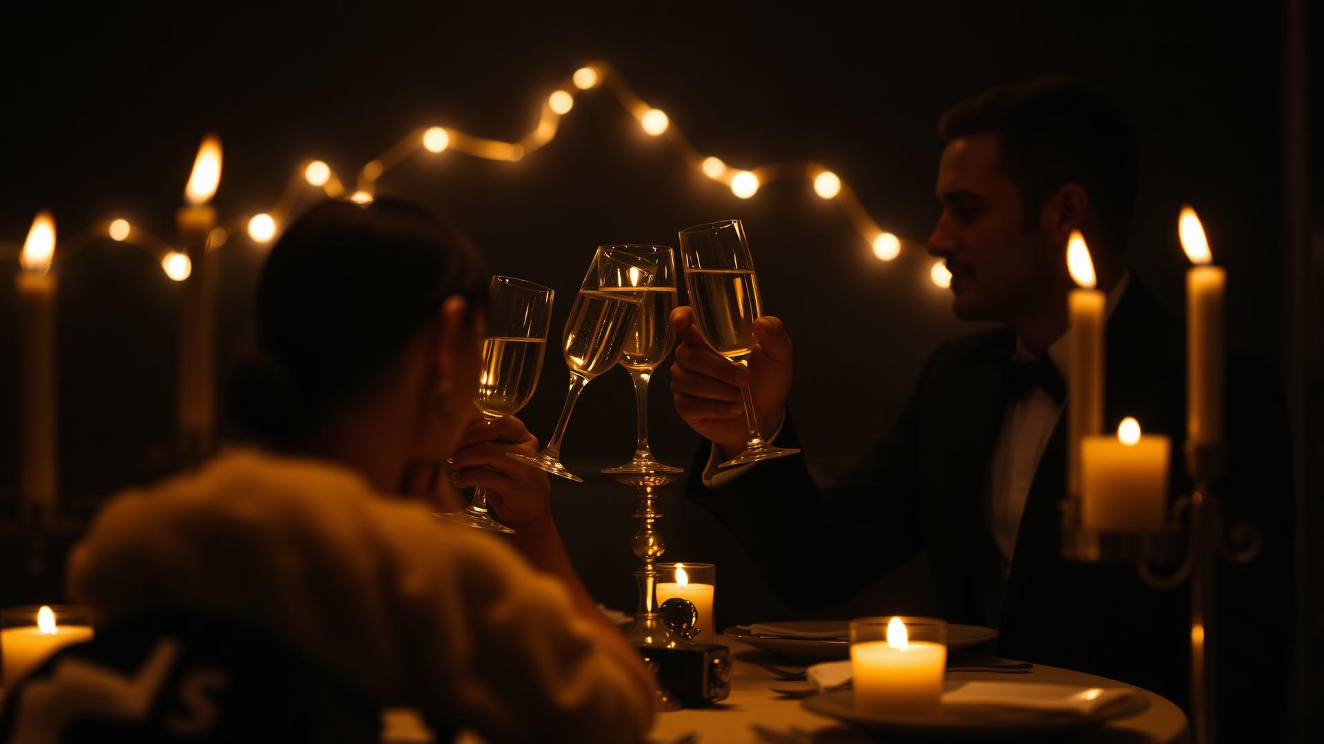 Pareja brindando con copas de champán en una cena romántica a la luz de las velas