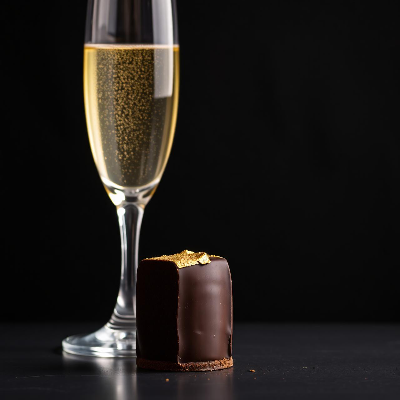 Copa de champán y postre de chocolate decorado con pan de oro