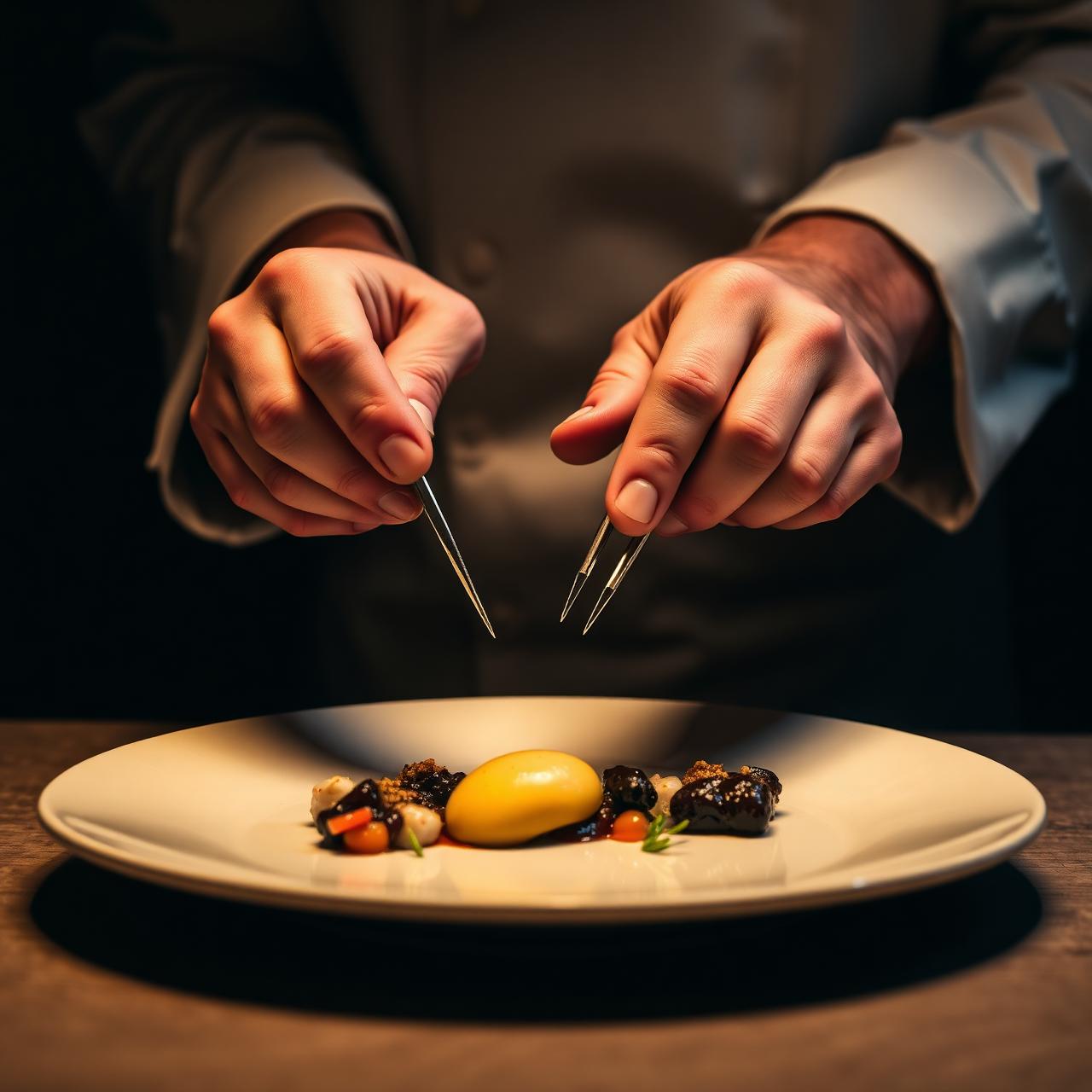 Chef emplatando con pinzas un plato gastronómico francés
