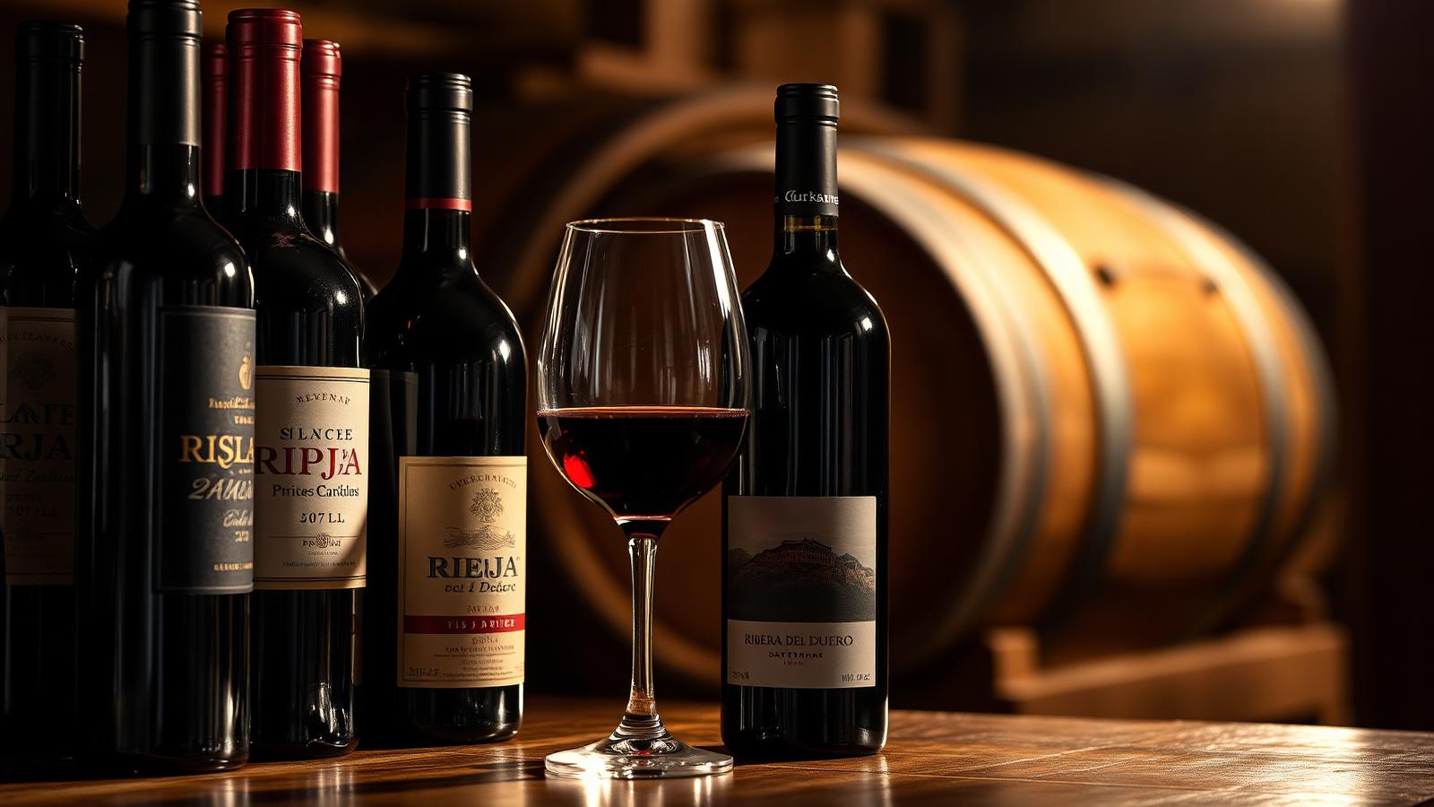 Botellas de vino tinto español de Rioja y Ribera del Duero junto a una copa y una barrica de roble