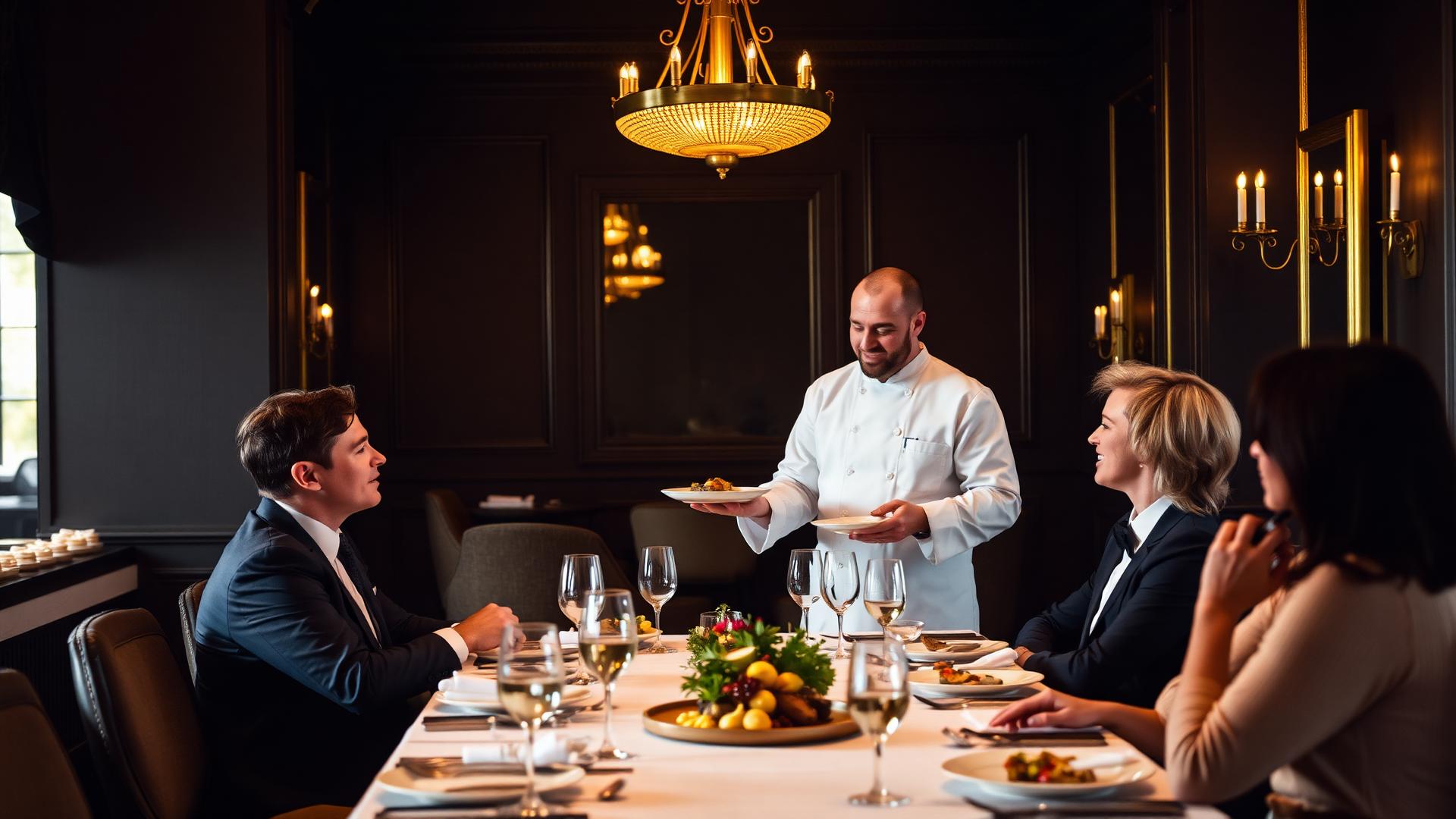 Chef con chaquetilla blanca presentando un plato a los comensales en una cena gastronómica