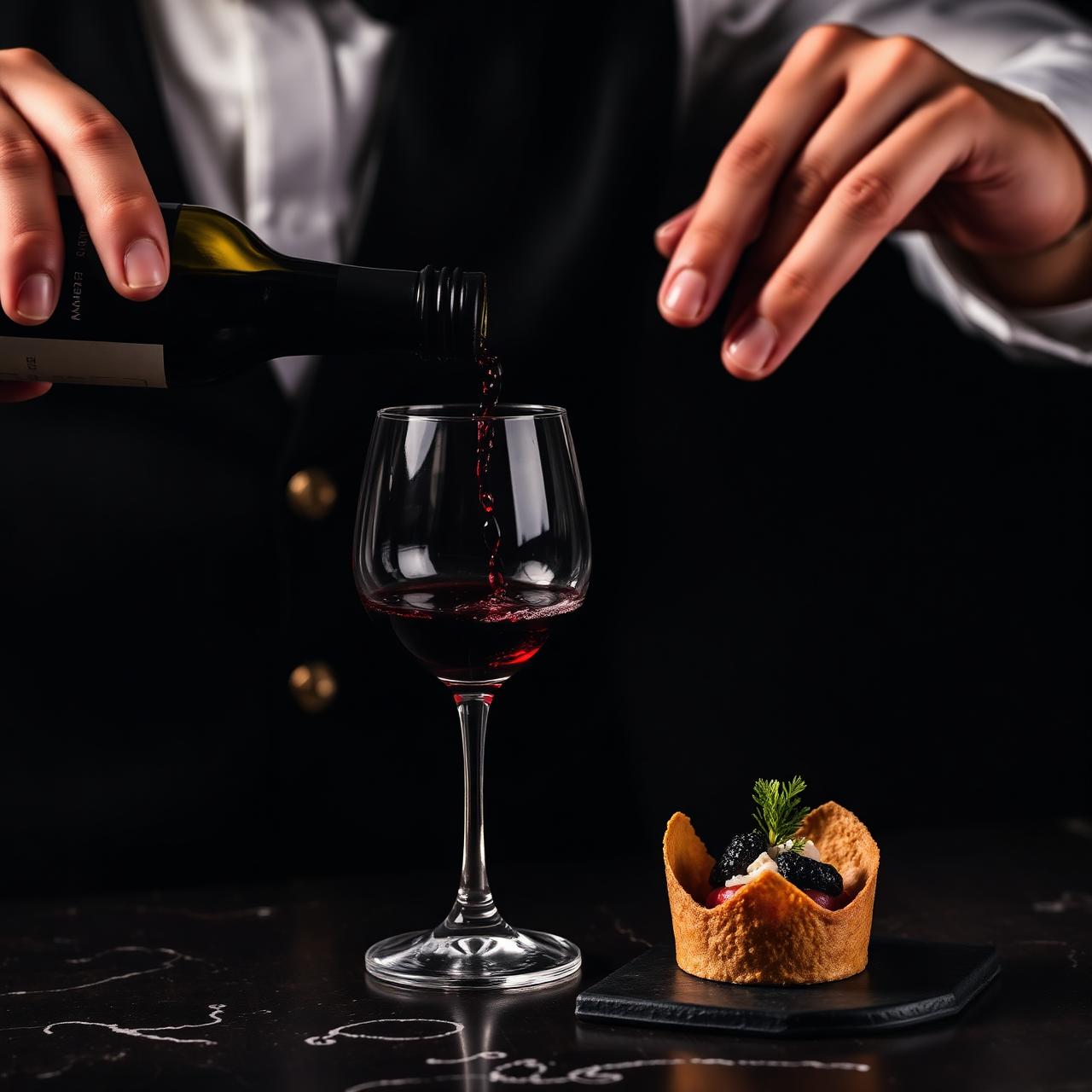 Sumiller sirviendo una copa de vino tinto junto a un aperitivo refinado