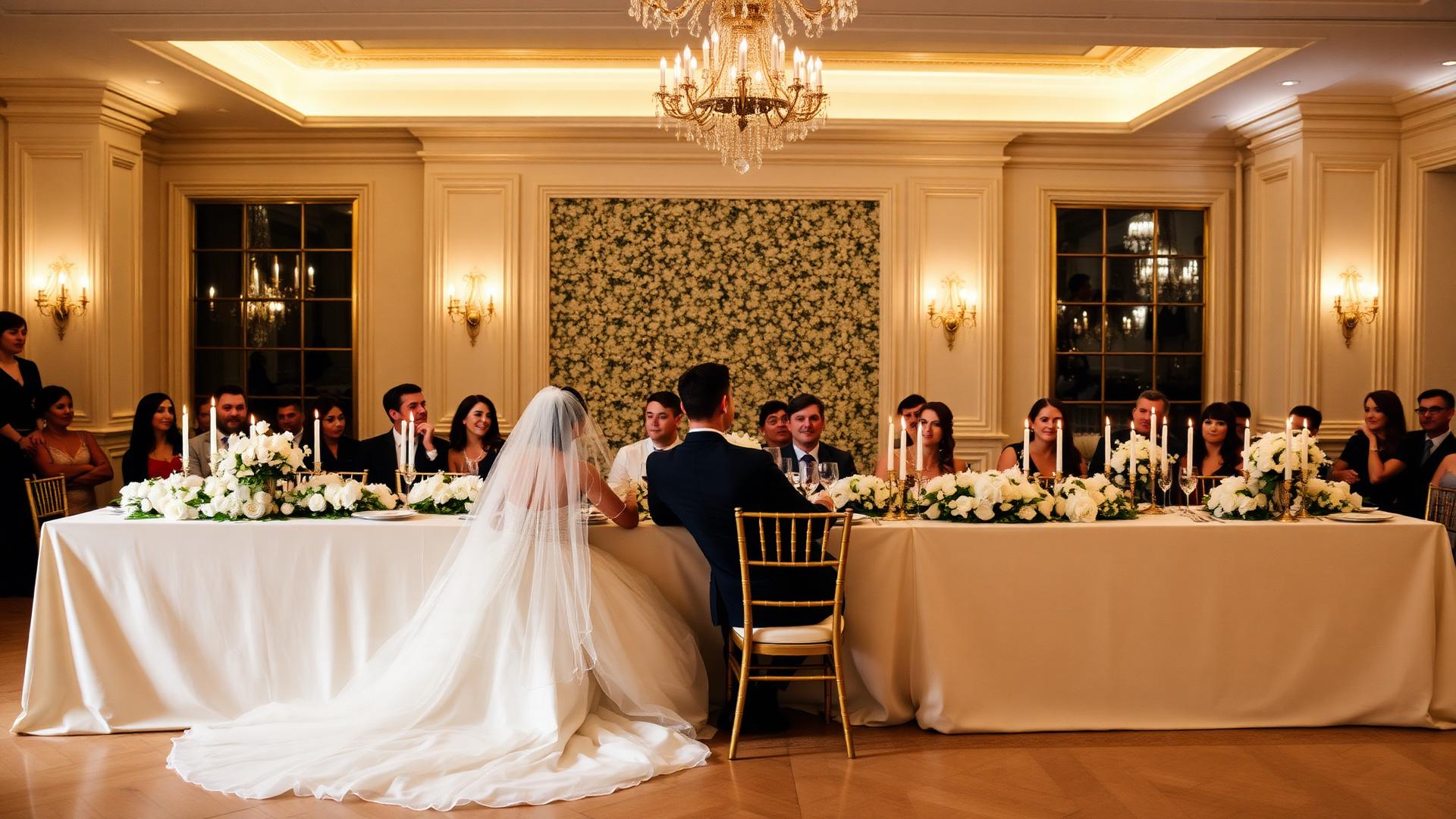 Novios en la mesa presidencial rodeados de invitados durante el banquete de boda