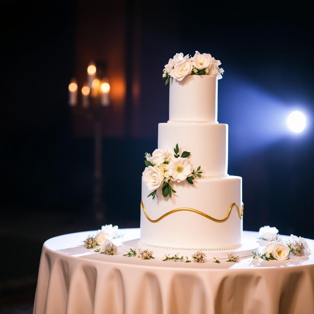 Tarta nupcial de varios pisos decorada con flores blancas y detalles dorados
